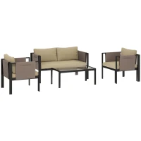 Outsunny 4 Piece Metal Garden Furniture Set with Tempered Glass Coffee Table, Texteline Pocket, Outdoor Set Loveseat Single Armchairs with Padded Cushions, Khaki(m-1)
