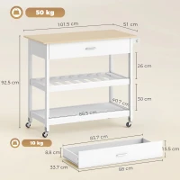 HOMCOM Küchenwagen mit Stauraum, Rollende Kücheninsel mit großer Arbeitsplatte, Schublade, 2 offenen Regalen, Handtuchhalter, Weiß(m-3)