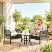 Outsunny 3 Pieces Rattan Bistro Set with Glass Top Coffee Table, Chairs and Cushions for Outdoor, Patio, Balcony, Cream(m-2)