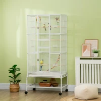PawHut Large Bird Cage Budgie Cage 3 Tier Aviary with Stand Wheels, Toys, Ladders, Shelf for Canaries, Finches, Cockatiels, Parakeets - White(m-2)
