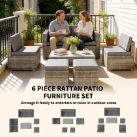 Outsunny 6 Piece Rattan Garden Furniture Set, Nesting Patio Conversation Set with Loveseat, Chairs, Table, Footstools, Dark Grey(m-4)