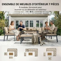 Outsunny Salon de Jardin 7 Pièces Ensemble Canapé d'Angle Extérieur Modulable avec Table en WPC et Pouf Beige et Gris(m-4)