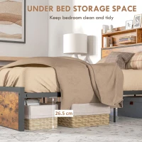 HOMCOM Industrial Double Bed Frame, 4.6FT Steel Bed Base with Storage Headboard, Footboard, Slatted Support and Under Bed Storage, 141 x 207cm, Rustic Brown(m-5)