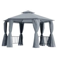 Outsunny 3 x 3(m) Hexagon Gazebo Patio Canopy Party Tent Outdoor Garden Shelter w/ 2 Tier Roof & Side Panel - Grey(m-10)