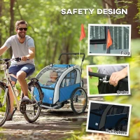 HOMCOM 2 Seat Bike Trailer with 5 Point Harness, Baby Bike Stroller with Safety Flag, Reflectors, for 18+ Months, Blue(m-8)