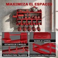 Outsunny Organizador de Herramientas de Jardín Estante de Almacenamiento de Pared de 2 Niveles con Bandeja y Ganchos Rojo(m-4)