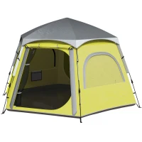 Outsunny Instant Pop Up Camping Tent, 2/3/4 Person Easy Setup Dome Family Tent with Vestibule, Rainfly, 4 Mesh Windows & 2 Doors, Hexagonal Design, Waterproof & UV Protected, Yellow Green(m-11)