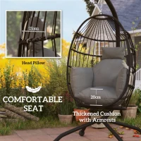 Outsunny Hanging Egg Chair Outdoor Indoor Garden Swing Chair with Folding Basket and Thickened Cushion, Garden Hanging Chair with Stand, Headrest, Cup Holder for Patio, Balcony, Dark Grey(m-4)