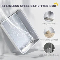 PawHut Stainless Steel Cat Litter Tray, Extra Large Enclosed Litter Box with Scoop, Top Entrance, Non-slip Pads, Dark Grey(m-4)