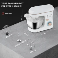 HOMCOM Stand Mixer, 5L Food Mixer for Baking, 6 Speeds and Pulse Setting, 1400W Cake Electric Kitchen Mixer with Dough Hook, Whisk, Stainless Steel Bowl, Splash Guard, Beater, White(m-3)