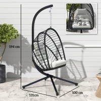 Outsunny Outdoor PE Rattan Swing Chair with Foldable Basket and Cushion, Garden Patio Hanging Egg Chair with Metal Stand, Headrest for Indoor and Outdoor, Black(m-3)