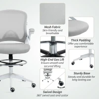 Vinsetto Drafting Chair with Flip-up Armrest, Mesh Office Stool with Foot Ring, 360 Degree Swivel Height Adjustable Chair for Standing Desk, Light Grey(m-7)