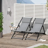 Outsunny Set of 2 Folding Garden Beach Aluminium Frame Deck Chairs Deckchairs Seaside Folding Garden Patio Lounger, Grey(m-2)
