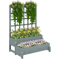 Outsunny 2-Tier Raised Garden Bed with Trellis, Wooden Elevated Planter Box with Drainage Holes, Outdoor Raised Planter for Climbing Plants, Fruits, Vegetables, Flowers, Grey(m-10)