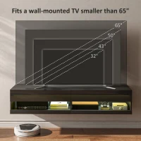 HOMCOM Floating TV Unit, Wall Mounted TV Cabinet for TVs up to 65", High Gloss Media Wall Unit with LED Lights, Storage Shelves, APP Control for Living Entertainment Room, Black(m-8)