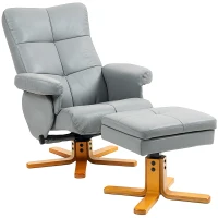 HOMCOM PU Leather Swivel Recliner Chair with Footstool, Wooden Base and Storage for Living Room, Light Grey(m-10)
