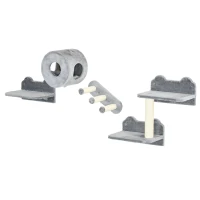PawHut 4PCs Wall-Mounted Cat Tree, with Steps, Perch, Cat House - Grey(m-1)