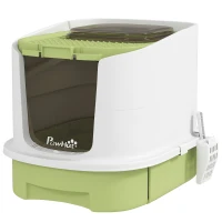 PawHut Cat Litter Box with Lid, Scoop, Deodorisation Bags, Top Entry, Green(m-11)