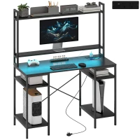HOMCOM Computer Desk with Power Outlets and LED Lights, Home Office Desk with Monitor Stand, 2 CPU Stands and Storage Shelves, Study Table Gaming Desk with Hutch, Black(m-10)