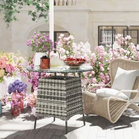 Outsunny Wicker Garden Rattan Table, Patio Furniture Outdoor Coffee Table with Umbrella Hole and Tempered Glass Top, Grey(m-9)