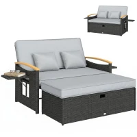 Outsunny Double Garden Rattan Daybed, Wicker Sun Bed Chaise Lounger with Storage Ottoman, 4-Level Adjustable Backrest, Dark Grey(m-10)