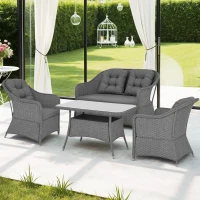 Outsunny Four-Piece Rattan Set, with Glass-Top Table - Light Grey(m-2)