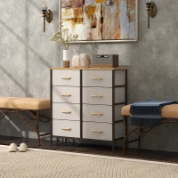 HOMCOM Fabric Chest of Drawers, Industrial Bedroom Dresser with 8 Fabric Drawers, Steel Frame and Wooden Top for Nursery, Living Room, Hallway, Cream White(m-9)