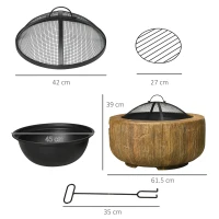 Outsunny Outdoor Fire Pit, 61.5 cm Metal Wood Burning Fireplace with Spark Cover, Poker, Woodgrain Design(m-3)