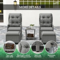 Outsunny 5 Pieces Rattan Bistro Set with Adjustable Back, Reclining Wicker Balcony Furniture with Cushions, Glass Top Coffee Table and Footstools, Outdoor Table and Chairs, Light Grey(m-7)