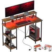 HOMCOM LED Computer Desk, with Power Outlets and Shelves - Rustic Brown(m-10)