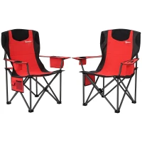 Outsunny Set of 2 Folding Camping Chairs, Padded Camping Chairs with Adjustable Armrests, Portable & Lightweight Folding Camp Chair with Cooler Bag, Cup Holder and Side Pockets, Red(m-10)