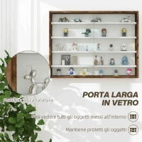 HOMCOM Bacheca Portaoggetti a 4 Ripiani Regolabili, Vetrina a Muro in Vetro e Legno, 80x9.5x60 cm, Marrone(m-5)