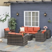 Outsunny 6 Pieces Rattan Garden Furniture Set, 7 Seater Wicker Outdoor Furniture Set with Storage Tea Table & Side Table, Sectional Garden Sofa Set with Cushions, Orange(m-2)