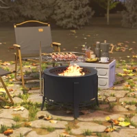 Outsunny Portable Fire Pit, 58 cm Round Firepit with Grill Grate, Fire Bowl with Ash Catcher and Poker, Fire Pit BBQ for Garden Camping Bonfire Picnic, Black(m-7)