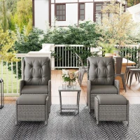 Outsunny 5 Pieces Rattan Bistro Set with Adjustable Back, Reclining Wicker Balcony Furniture with Cushions, Glass Top Coffee Table and Footstools, Outdoor Table and Chairs, Light Grey(m-9)