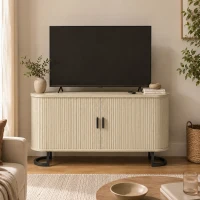 HOMCOM Bufet living, mobilier de depozitare oval cu 2 uși glisante și polițe reglabile, 140x40x75cm, lemn natural(m-5)