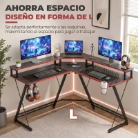 HOMCOM Escritorio Esquinero con Enchufes en Forma de L 128x128 cm con Soporte para Monitor Gancho y Portavasos Negro(m-4)