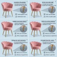 HOMCOM Scaun de Sufragerie Tip Scoică Stil Vintage din Catifea cu Picioare Aurite Roz(m-4)