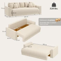 HOMCOM Canapea extensibilă 190x150cm, sofa 3 locuri cu funcție de dormit, perne, spațiu de depozitare, aspect corduroy pentru living, Bej(m-3)