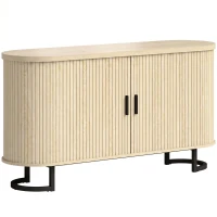 HOMCOM Aparador de sala, móvel de armazenamento oval com 2 portas deslizantes e prateleiras ajustáveis, 140x40x75cm, madeira natural(m-1)