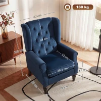 HOMCOM Fotoliu de living capitonat cu șezut lat, picioare din lemn, stil clasic, confort sporit, 74x86x102cm, albastru închis(m-3)