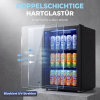 HOMCOM 70 L Getränkekühlschrank, Kühler für 70 Dosen mit Doppelglas-Tür, verstellbar Regal, LED-Beleuchtung Schwarz(m-6)