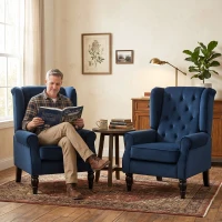 HOMCOM Fotoliu de living capitonat cu șezut lat, picioare din lemn, stil clasic, confort sporit, 74x86x102cm, albastru închis(m-5)