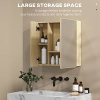 Kleankin Dulap cu oglinda pentru baie cu montaj pe perete, dulap pentru baie cu oglinda, usi duble si rafturi de depozitare, natural(m-5)