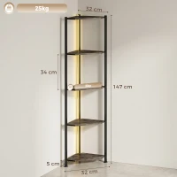 HOMCOM Libreria Angolare a 5 Ripiani con Illuminazione LED per Soggiorno, Camera da Letto, Ufficio, Rustico Marrone(m-3)
