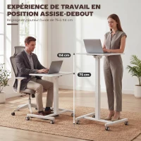 HOMCOM Bureau Debout Réglable en Hauteur, Plateau Inclinable, Roulettes et Cadre en Acier, 60,5 x 52 x 75-114 cm, Blanc(m-4)