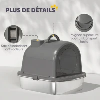 PawHut Maison de Toilette pour Chat Bac à Litière Fermé, Nettoyage facile, Bac Acier Inoxydable, 52,4x41,3x39,9cm, gris foncé(m-7)
