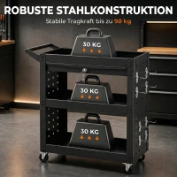 HOMCOM Werkzeugwagen mit abschließbaren Rollen, rollender Werkstattwagen mit 3 Ebenen, Schublade und Lochplatten, Schwarz(m-4)