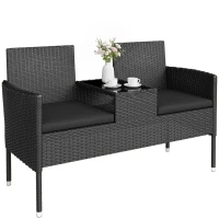 Outsunny Divanetto per Esterni 2 Posti con Tavolino da Caffè, in Acciaio e Rattan PE, 137x59x82 cm, Nero(m-11)