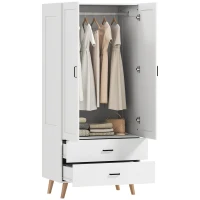 HOMCOM Armário de Quarto 2 Portas com Fecho Suave 2 Gavetas e Barra de Suspensão 80x54x180 cm Branco(m-7)